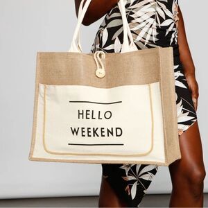 Jute canvas Beach Tote Reusable Grocery Shopping Bag with Handles boho 18x14x6